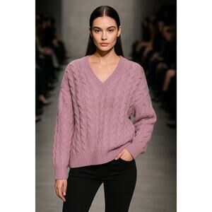 Vince Lilac Alpaca Wool Cable Knit Sweater S/P – Soft Cozy V-Neck Pullover